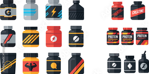 Cartoon Energy and Protein Supplement Bottles with Sports Labels and Branding for Fitness Illustration Design