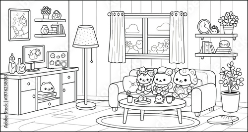 Kawaii kitten coloring page and colorful character set with cute cats sitting on grass with flowers for children educational activity book vector illustration