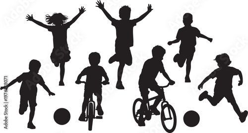 silhouettes of children playing sports and riding bicycles