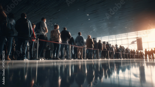Long Queue of Passengers in Modern Airport Terminal