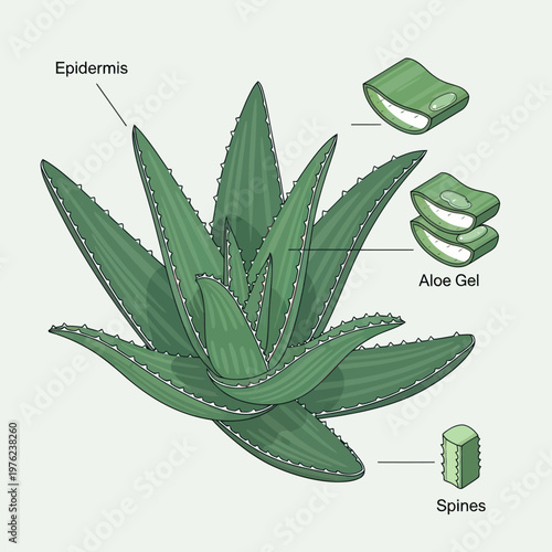 Detailed illustration of an aloe vera plant showing its epidermis, gel, and spines with labeled components.