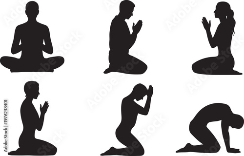 Six yoga meditation poses flat icon set for wellness and mindfulness