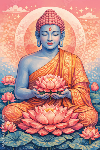 Serene Enlightenment – Lotus Meditation in Color	A blue‑skinned meditative figure in an ornate orange robe holds a glowing lotus, surrounded by pink lotus flowers. A soft pink‑orange sky and halo crea