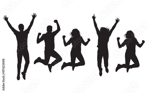 Energetic Group of Jumping Silhouettes Showing Celebration, Freedom and Joy