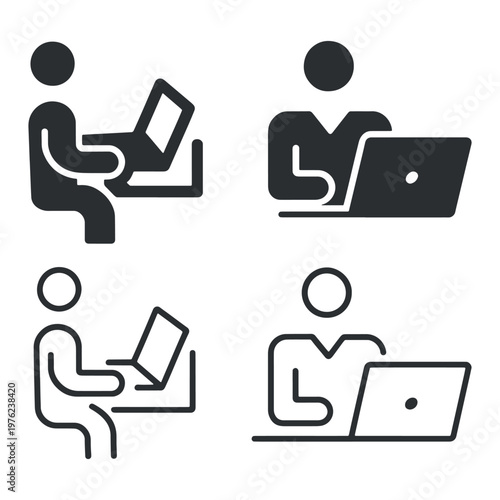 Set of People Working on Laptop Line Icons, Vector Illustration 