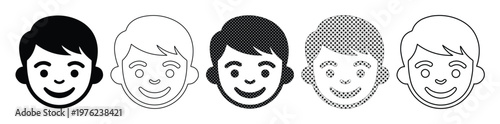 Minimalist boy avatar icon set, smiling male child face vector collection, 5 diverse character head illustrations in black and grey line art