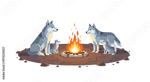 A vector graphic illustration of a wolf family gathered around a campfire