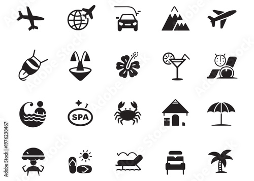 Vector Set of Travel and Vacation Icons - Black Silhouette Tourism Symbols EPS