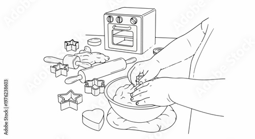 Hands mixing dough with cookie cutters and oven on table