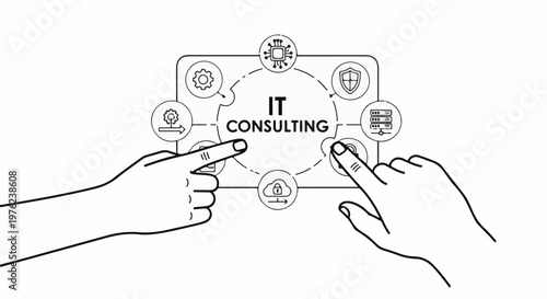 Hands interact with digital icons representing IT consulting services