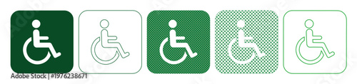 Green wheelchair handicap icons set, 5 universal disability access symbols, medical accessibility signs for hospital and public facility navigation