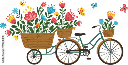 A vintage bicycle with a flower basket sits in a sunny park as a woman enjoys a summer ride