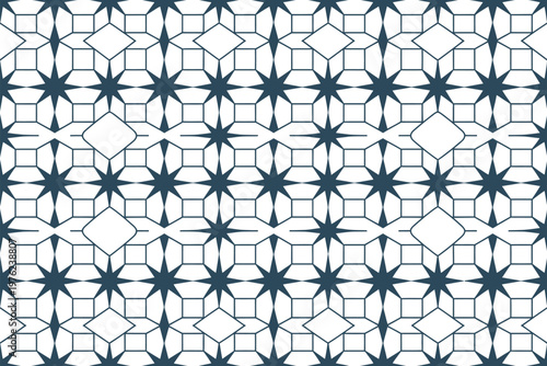 A seamless geometric pattern of interconnected blue lines and shapes