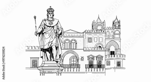 Line art shows a regal statue before ornate historical architecture