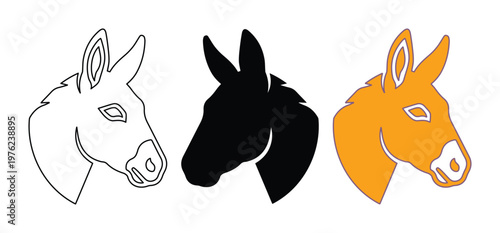 Donkey head vector icons set, minimalist mule profile silhouettes, farm animal mascot logo graphics in black and orange
