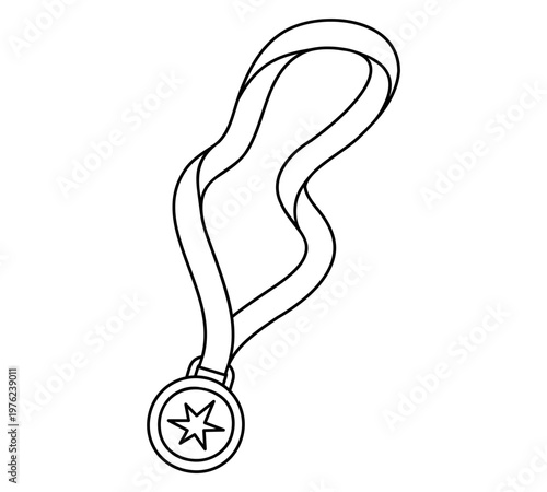 Hand drawn cute outline illustration of medal with ribbon. Flat vector 1st place badge with star line art doodle. Competition winner sticker, icon. Professional award. Achieving the goal. Isolated.