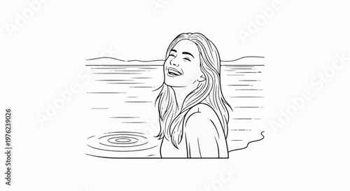 Line art sketch of a joyful woman with long hair, smiling with eyes closed, surrounded by water