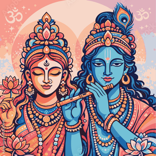 Radha & Krishna – Divine Love in Color	A vibrant illustration of two adorned divine figures: one blue‑skinned playing a flute with a peacock feather, the other holding a lotus. Soft pastel circles and