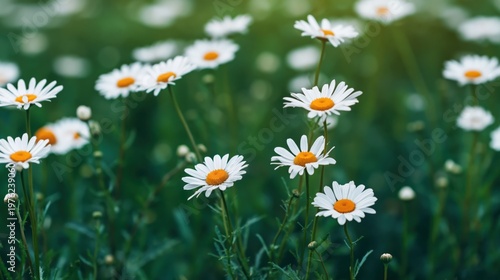 Daisies blooming under morning sunlight in green meadow