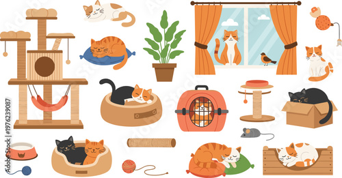 Kawaii Cat Life Vector Set, Cute Kitten Characters in Various Activities with Pet Accessories, Cozy Home Elements for Flat Design, Kitty Play and Rest Illustrations