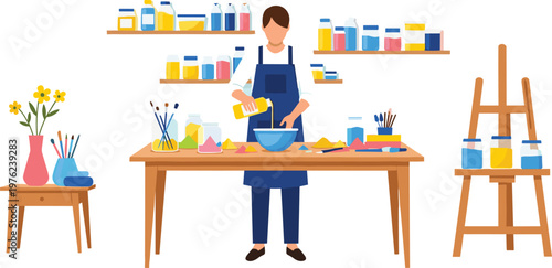 Artist Working in Creative Studio Illustration Featuring Painter Mixing Colors with Brushes Paint Supplies and Easel in Modern Flat Vector Design