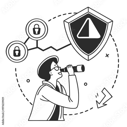 A man in a hat and glasses looks through a telescope at a shield with a warning sign and connected locks in a vector graphic illustration.