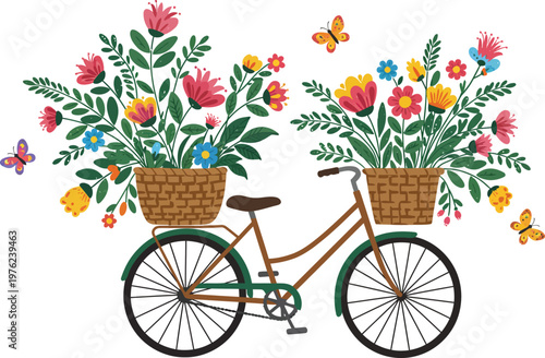 A vintage bicycle with a flower basket sits in a sunny park as a woman enjoys a summer ride