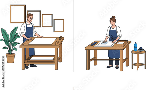 Carpenter and Craft Workshop Illustration Set Featuring Man and Woman Working on Wooden Table with Tools in Minimal Professional Vector Design