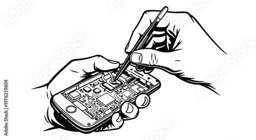 Hands repairing an intricate electronic device using tweezers