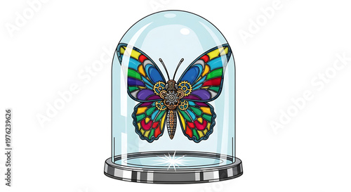 A colorful butterfly is preserved under a glass dome in this detailed vector illustration.