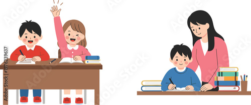 Children and Teacher Studying Illustration Set Featuring Kids Doing Homework and Learning with Teacher in Classroom Vector Design