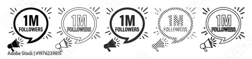 Social media 1M followers celebration labels, set of 5 megaphone announcement icons, one million subscribers milestone vector graphics