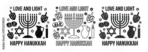 Hanukkah holiday vector icons set, Jewish festival of lights symbols with menorah and dreidel, black and white Chanukah greeting card elements