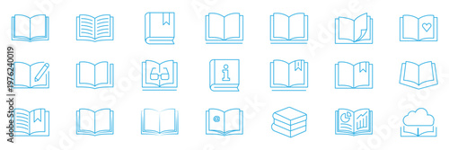 book outline icon set education study reading learning language skill sign symbol line pictogram vector illustration design flat graphic design. Library book symbol. Open and close textbook.