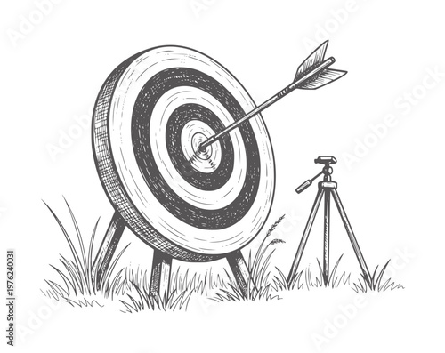 Arrow hitting bullseye target with tripod in grass