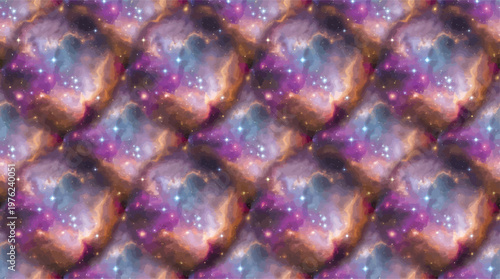 A seamless pattern of vibrant galaxies and nebulae, rendered with swirling colors of purple, pink, and orange, evokes a sense of cosmic wonder and exploration.