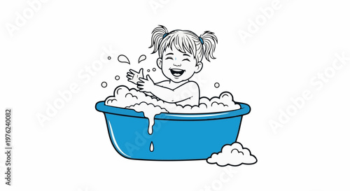 Happy baby with pigtails splashing in a bubble-filled blue bathtub