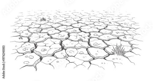 Cracked dry earth with sparse grass and pebbles in a ground soil