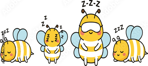 Cute Sleeping Bee Character Set Featuring Adorable Cartoon Honey Bees Resting with Dream Symbols in Kawaii Style Vector Illustration Collection