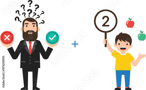 Decision Making and Choice Concept Illustration Featuring Confused Businessman with Options and Child Selecting Healthy Food in Educational Vector Design
