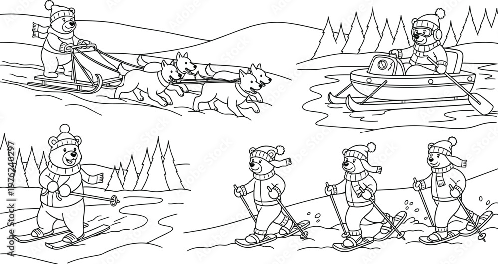 Obraz premium Winter Bear Adventures with Sled Dogs, Snow Skiing, and Snowmobile Fun in a Snowy Holiday Landscape