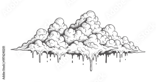 Hand drawn melting cloud with dripping liquid in monochrome style