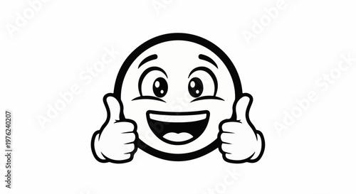 Happy cartoon face with two thumbs up, black and white