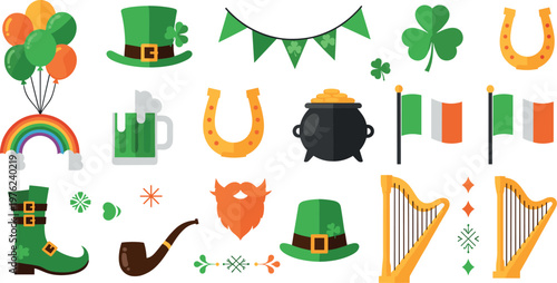 Cartoon St. Patrick's Day Set with Shamrocks, Green Hats, Pot of Gold, Irish Flags, Harps, Beer, and Horseshoes Illustration Design