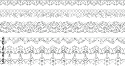 Vintage lace borders collection with intricate floral patterns black and white decorative trim ornamental seamless design set