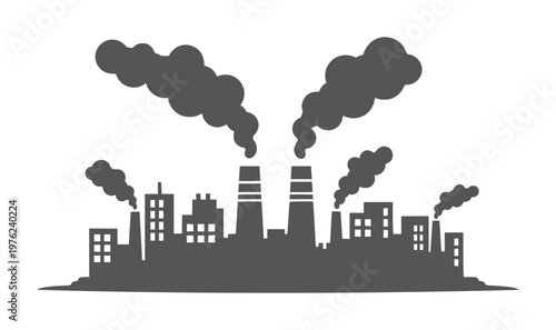 Industrial factory silhouette emitting dark smoke against white pollution