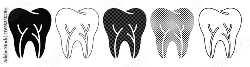 Minimalist dental tooth icon set, black and white molar teeth vector collection, stomatology and oral health symbols for dentistry clinics