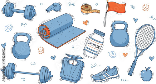 Fitness and Sports Equipment Set Featuring Dumbbells Yoga Mat Kettlebell Sneakers Protein Supplement and Healthy Lifestyle Elements in Hand Drawn Vector Illustration