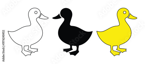 Minimalist duck icon set with outline, silhouette, and yellow flat vector styles, simple waterfowl bird illustrations for farm and nature logos