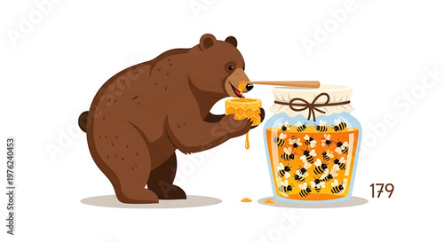 A cartoon bear enjoying honey from a jar with bees inside a vector graphic illustration.